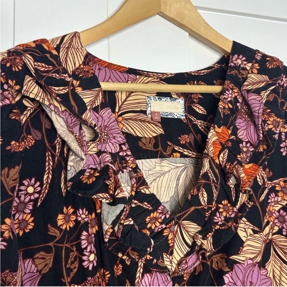 PILCRO TIERED CORDUROY RUFFLED FLORAL BOHO MINI DRESS medium BLACK long sleeve - Picture 9 of 15